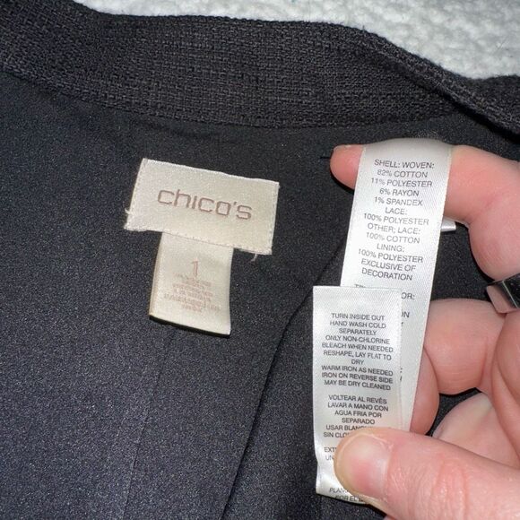 Chicos Medium (1) Black Tweed Crochet Lace Embroidered Floral Jacket Womens EUC - Picture 5 of 8